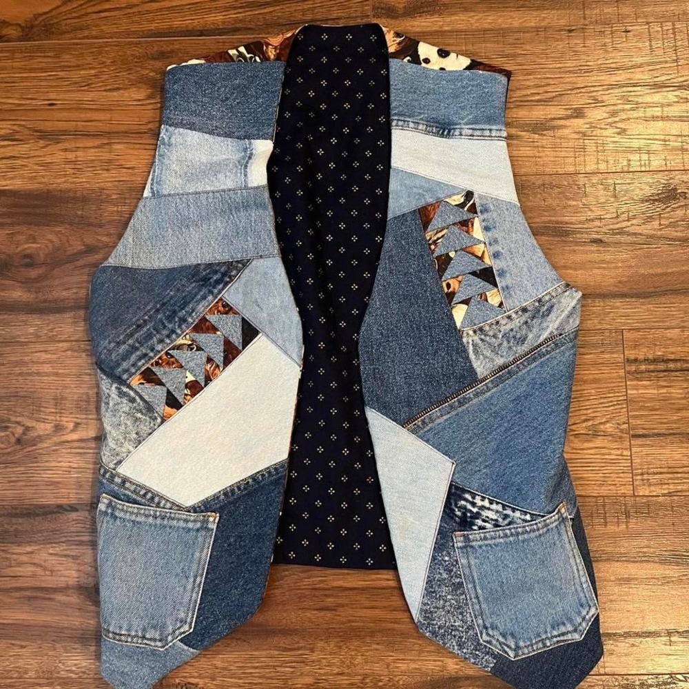 Unique Handmade Patchwork Denim Vest Small Medium Rework Western Indie Dog Print